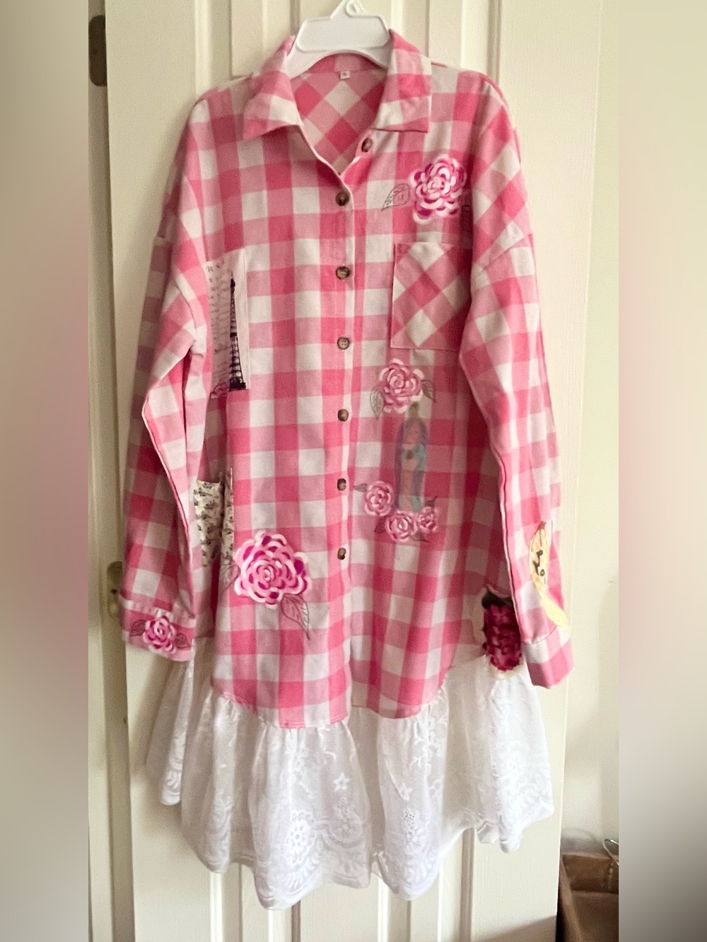 Upcycled Pink Checkered Button-Up Shirt Dress with Floral Appliqué/Painted Art